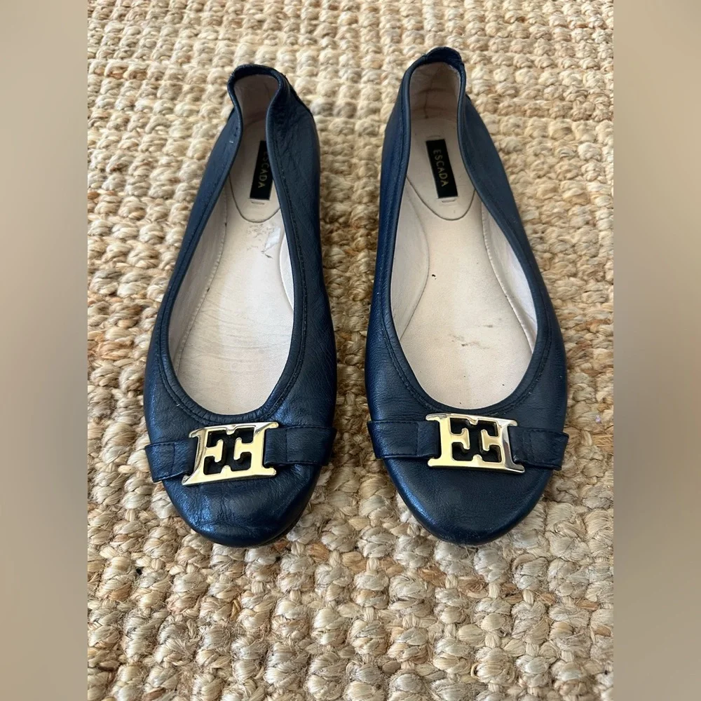 Escada Blue and Gold Flats with Elegant Gold Embellishment Size 39